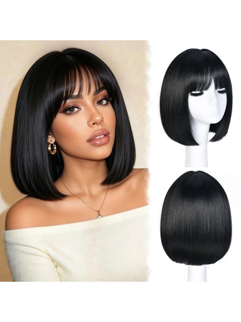 12inch Women's Black Short Straight Bob Wig Synthetic Natural Looking With Bangs